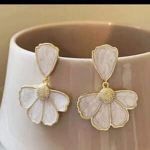Gold and White Floral Earrings